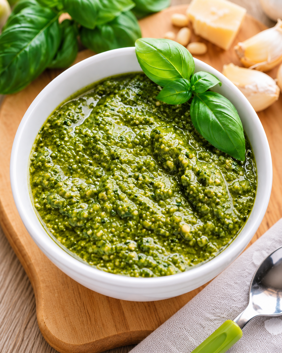 Pesto verde servido em tigela branca
